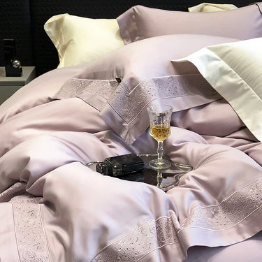 Luxury White Purple Europe Embroidered 1200TC Lyocell Cotton Brushed Fabric Duvet Cover Bedding Set